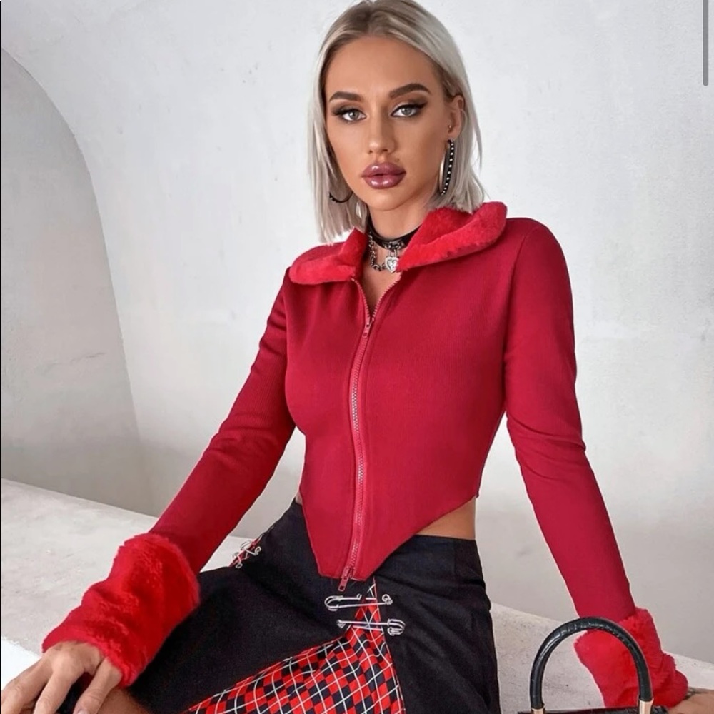 Red fur collared cropped long sleeve top with fur sleeves